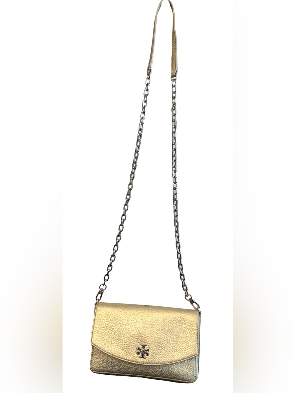 Tory Burch Gold Pebbled Leather With Silver Chain Wallet Crossbody Shoulder Bag - Picture 13 of 16
